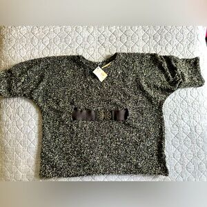 NWT One-of-a-kind designer bouclé sweater with front clasp belt. Black w/ flecks
